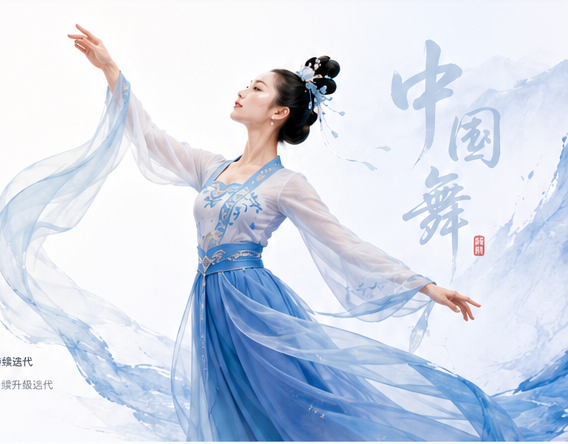 中国舞舞者与水墨舞台背景